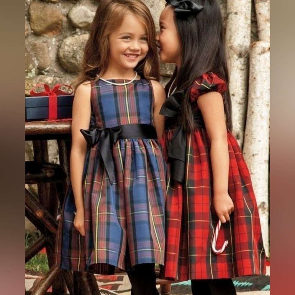 NWT Ralph Lauren Navy and Red Tartan Plaid Holiday Dress with Bow Detail